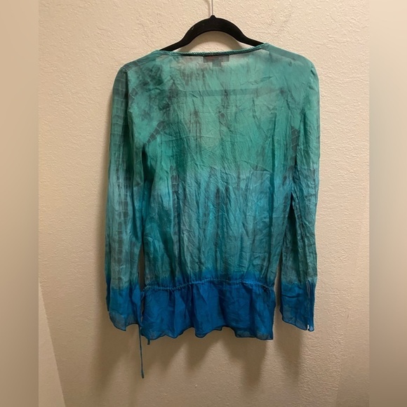 Hale Bob Cabana Silk Ombre Tie Dye Beaded V-Neck Top With Drawstring Waist - Picture 4 of 9